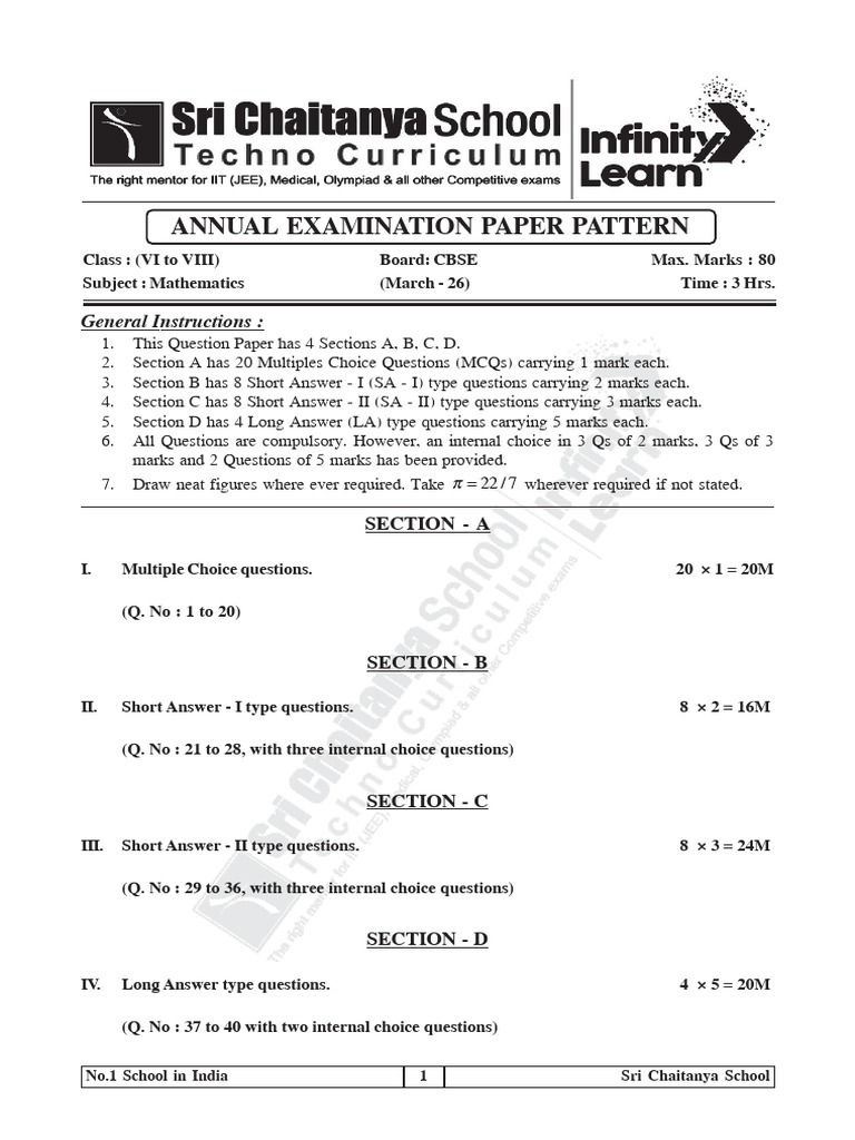 Cbse Math (Vi to Viii) Annual Examination Paper Pattern (March - 26)-1 ...