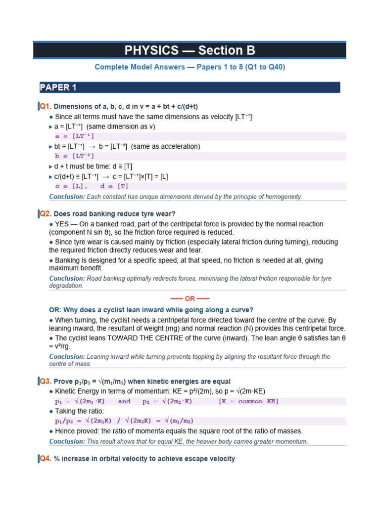 Physics Section B Complete Answers | PDF | Torque | Force