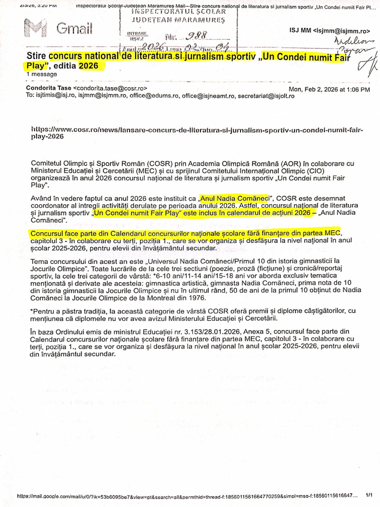 Concurs National Un Condei Numit Fair Play, 2026 | PDF