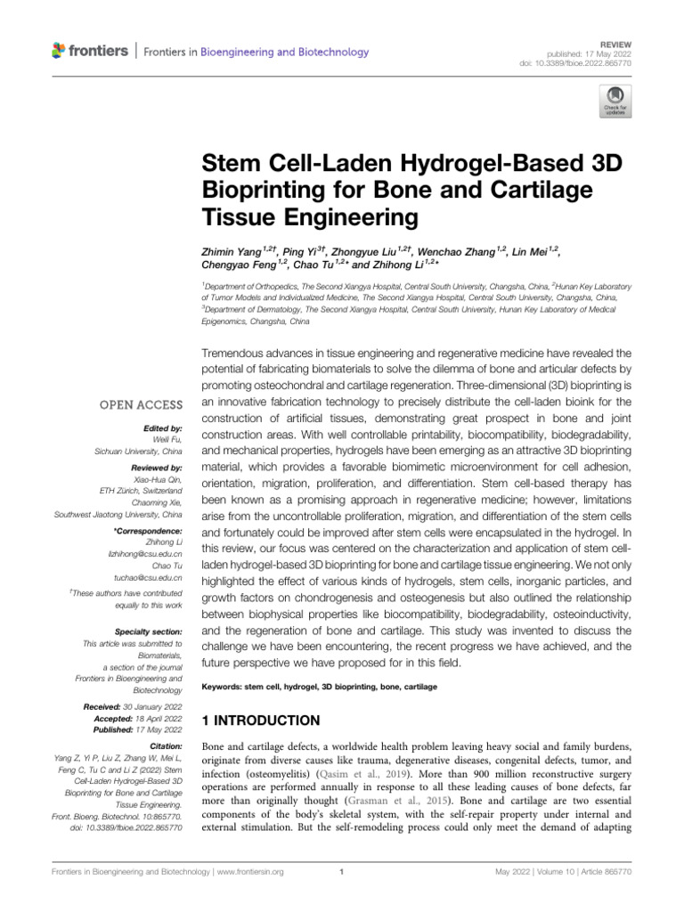 Stem Cell-Laden Hydrogel-Based 3D Bioprinting for Bone and Cartilage ...