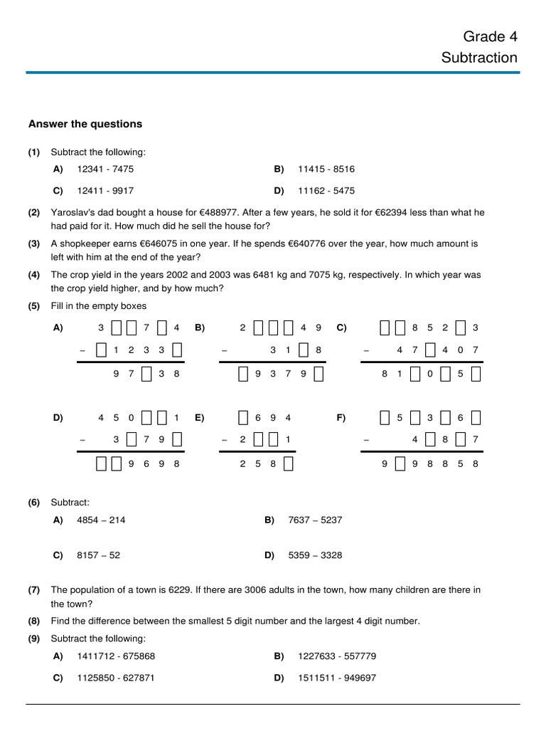 Grade 4 Subtraction | PDF | Subtraction | Arithmetic