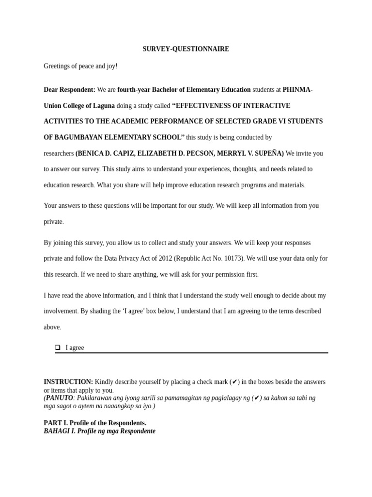 Sample Questionnaire Pecson 3 | PDF