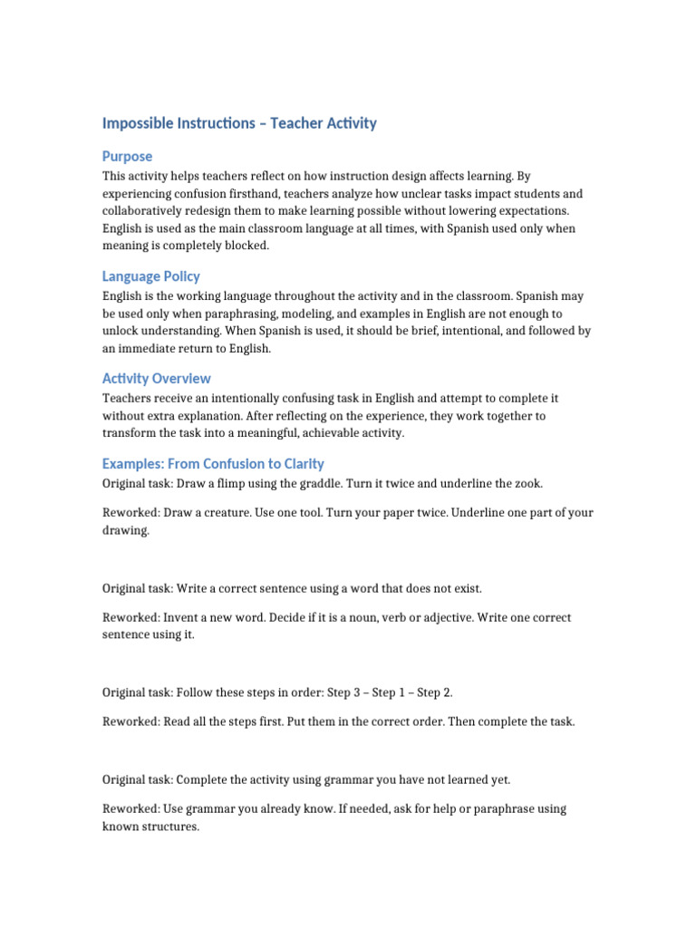 Impossible_Instructions_Teacher_Activity_v2 | PDF | English Language ...
