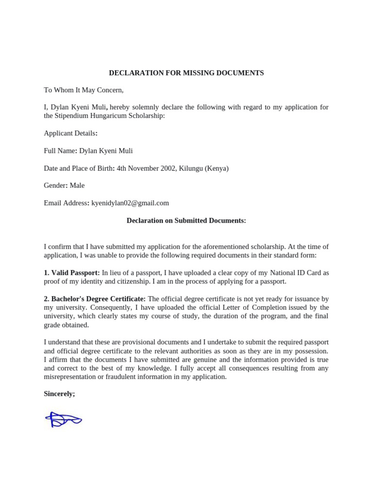 Declaration For Missing Documents | PDF