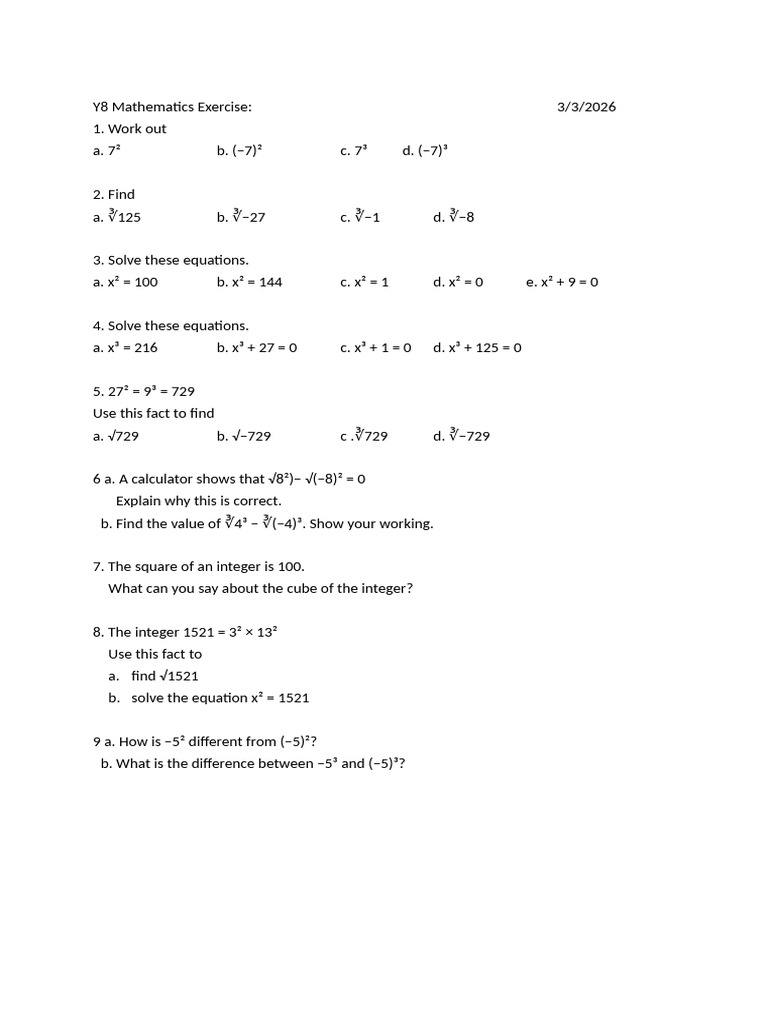 Y8 Mathematics Exercise 030326 | PDF