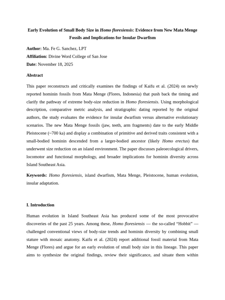 Early Evolution of Small Body Size in Homo floresiensis-M.SANCHEZ | PDF ...
