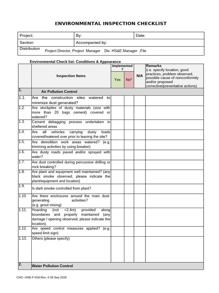 Environmental Inspection Checklist | PDF | Dust