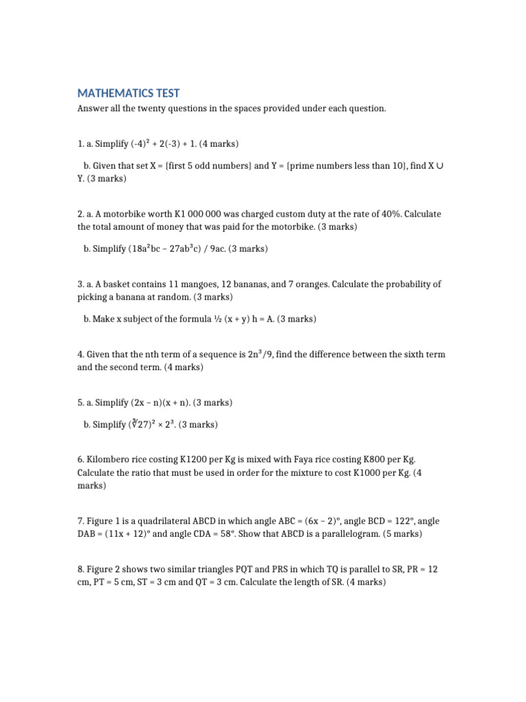 Mathematics Test Questions Only | PDF | Mathematics | Elementary Geometry