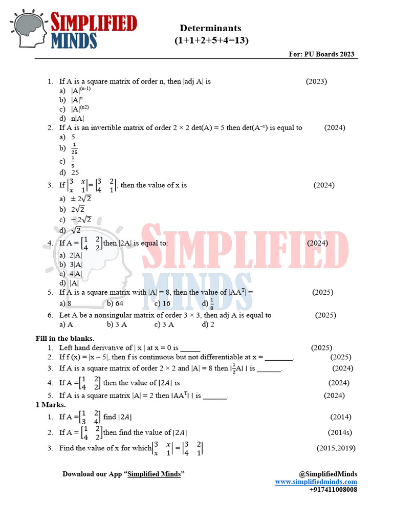 Determinants 2ndPUC Board PYQ | PDF | Determinant | Triangle