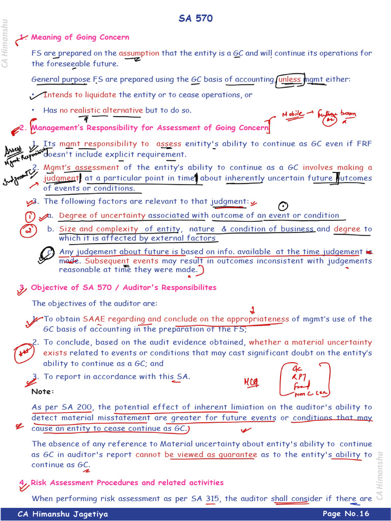 SA 570 Class Notes | PDF | Going Concern | Auditor's Report