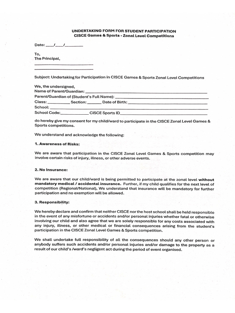 CISCE Sports Undertaking Form - Parents | PDF