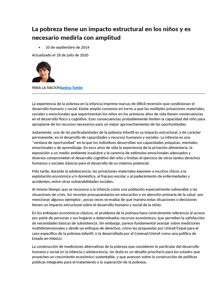 La Pobreza Tiene Un Impacto Estructural en Los Niños y Es Necesario ...