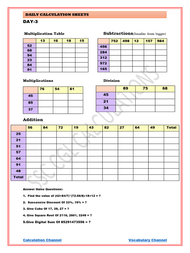 Day 3 Calculation Sheet | PDF | Elementary Mathematics | Arithmetic