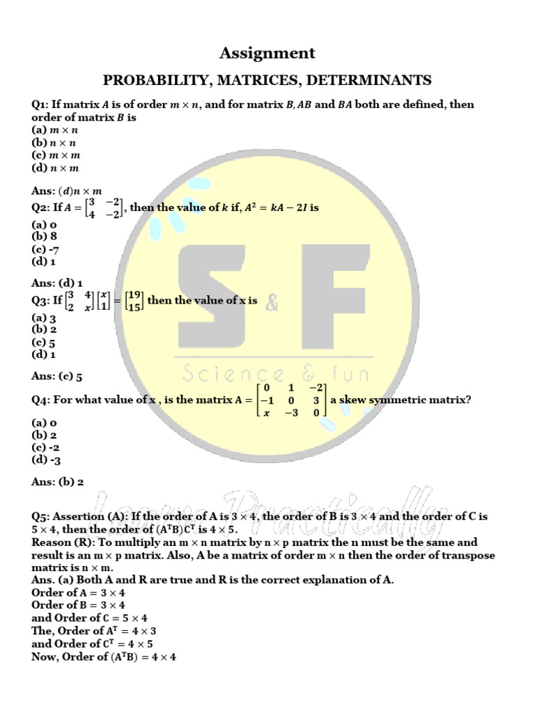 Probability, Matrices, Determinants Assingment | PDF | Matrix ...