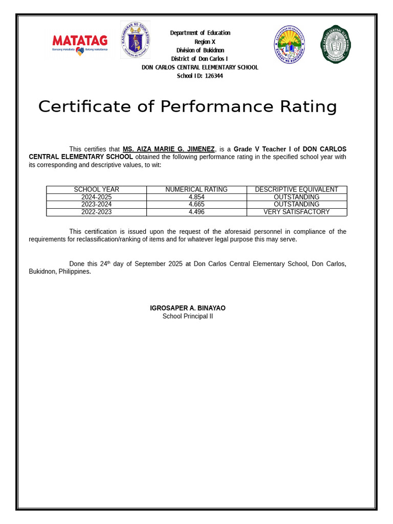 Certificate of Performance Rating | PDF