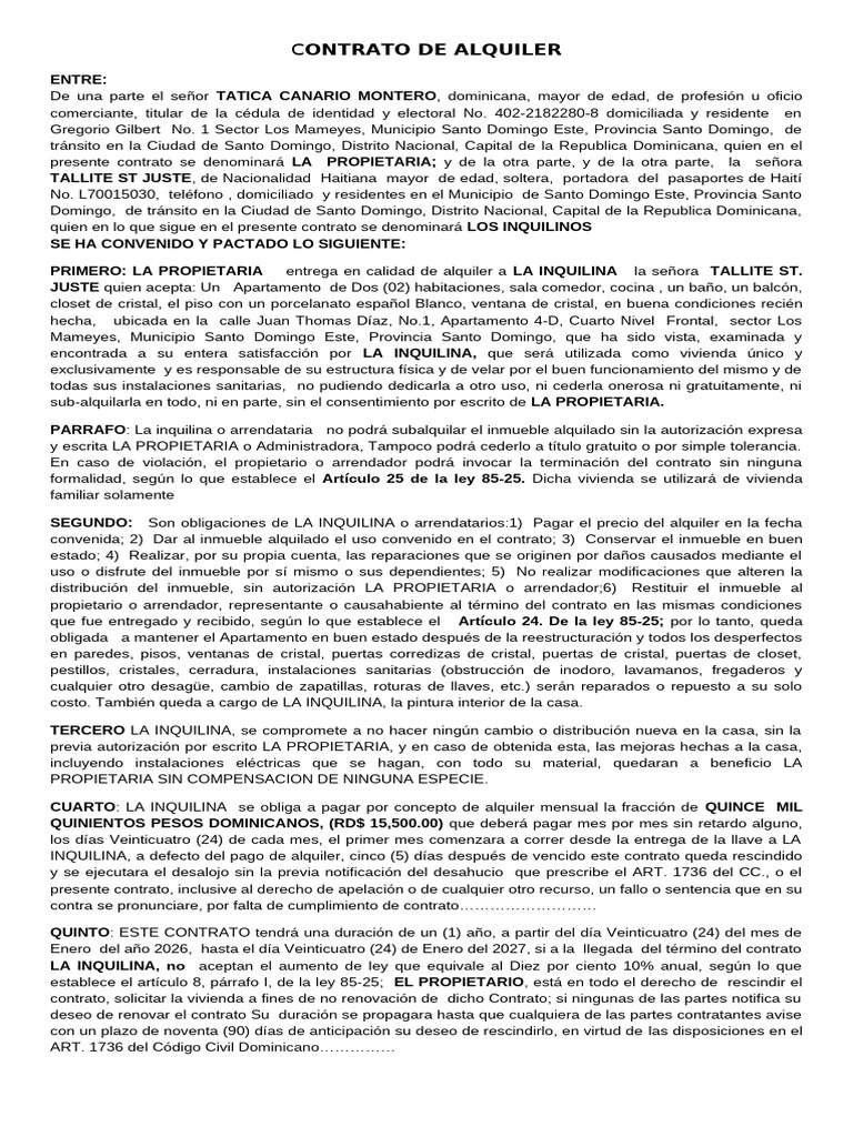 Contrato de Alquiler Tallite St. Juste Karina Haitiana | PDF | Desalojo ...