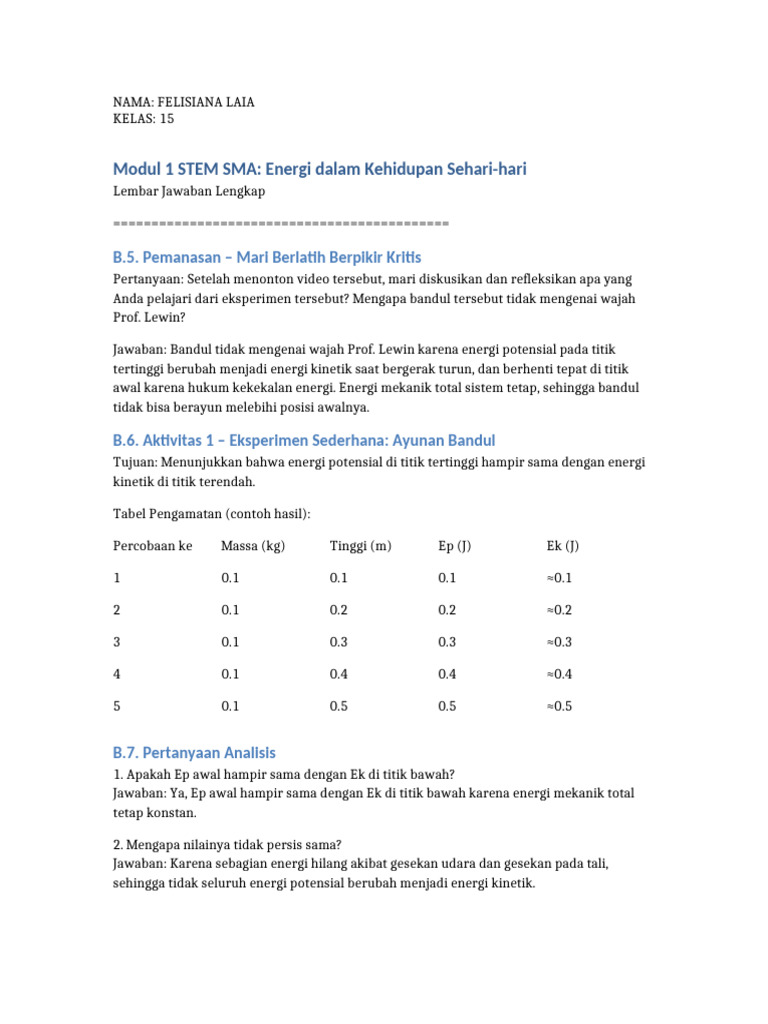 Lembar Jawaban Modul 1 STEM SMA | PDF