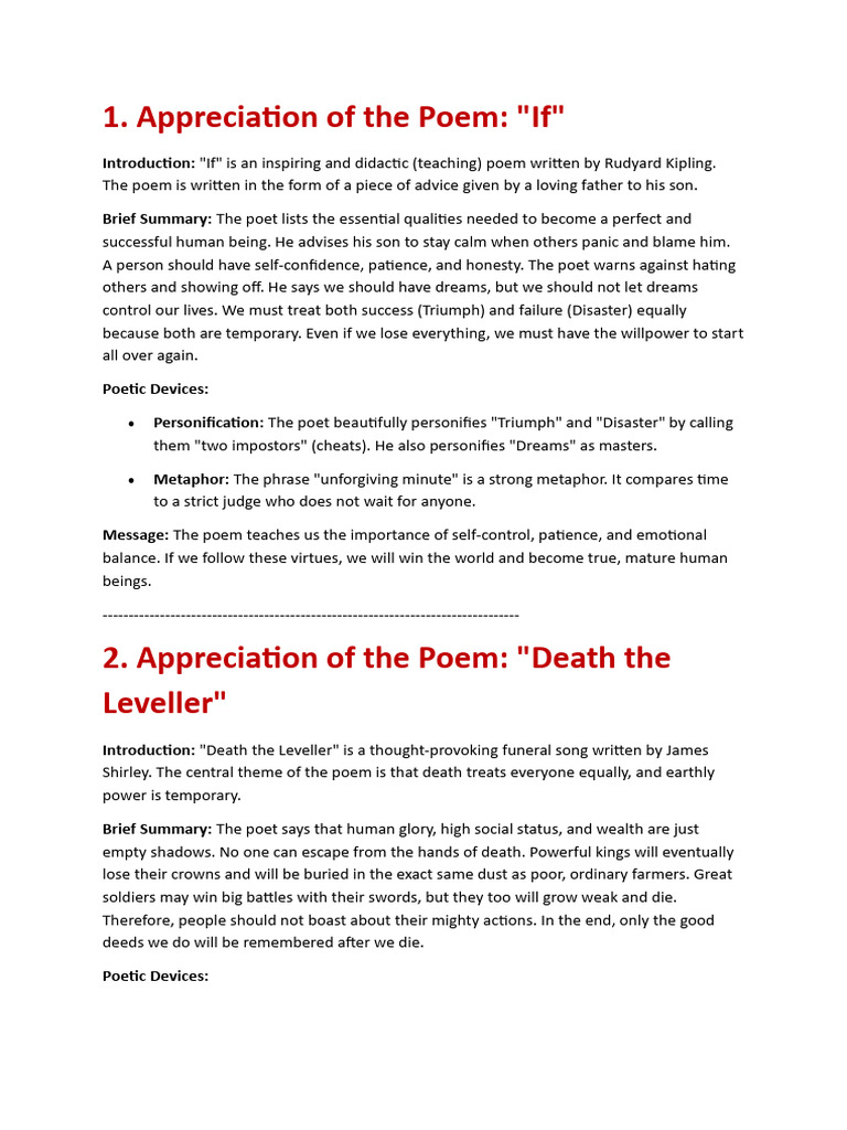 All Poems Appreciation | PDF | Poetry
