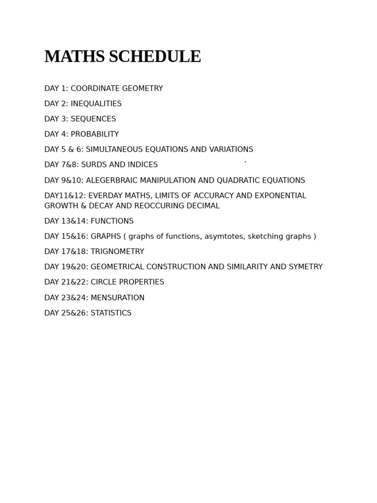 Maths Schedule | PDF