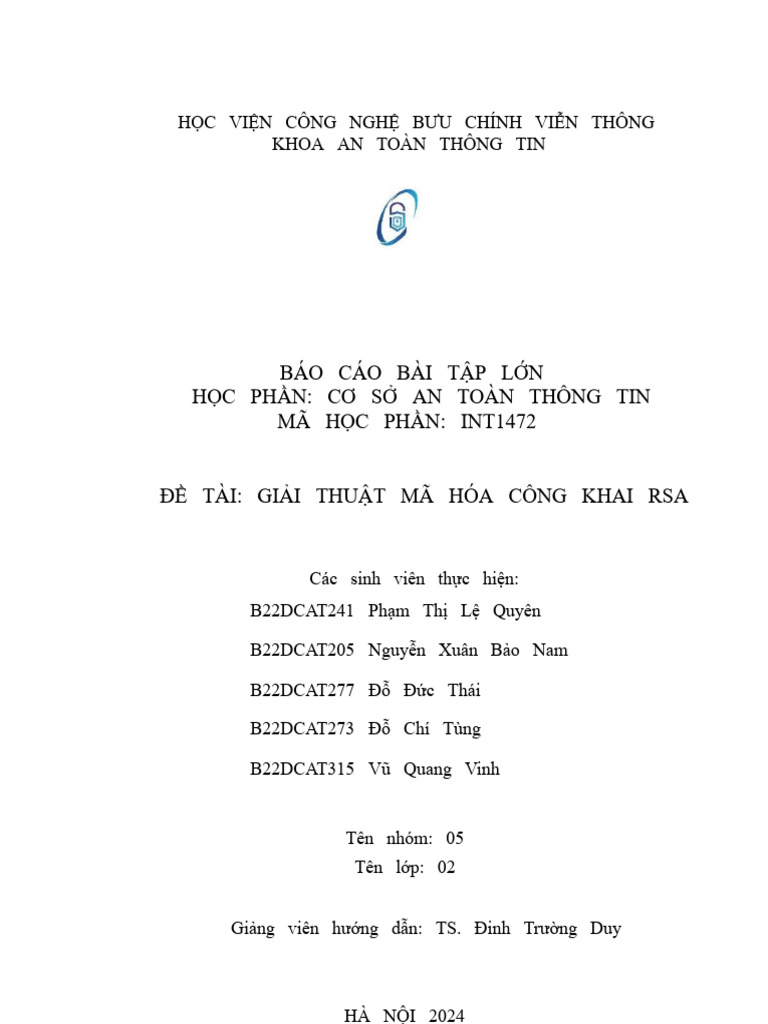 Báo Cáo Bài Tập Lớn INT1472 - Giải Thuật Mã Hóa RSA - Studocu | PDF
