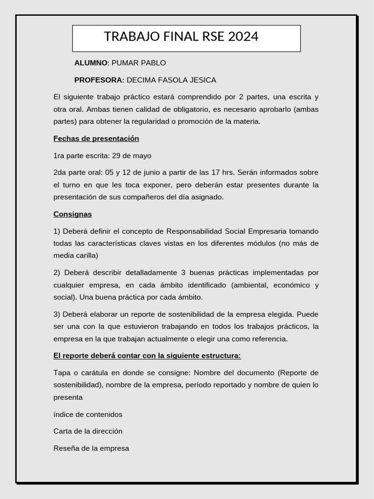 TRABAJO FINAL RSE 2024 | PDF | Sustentabilidad | Responsabilidad social ...