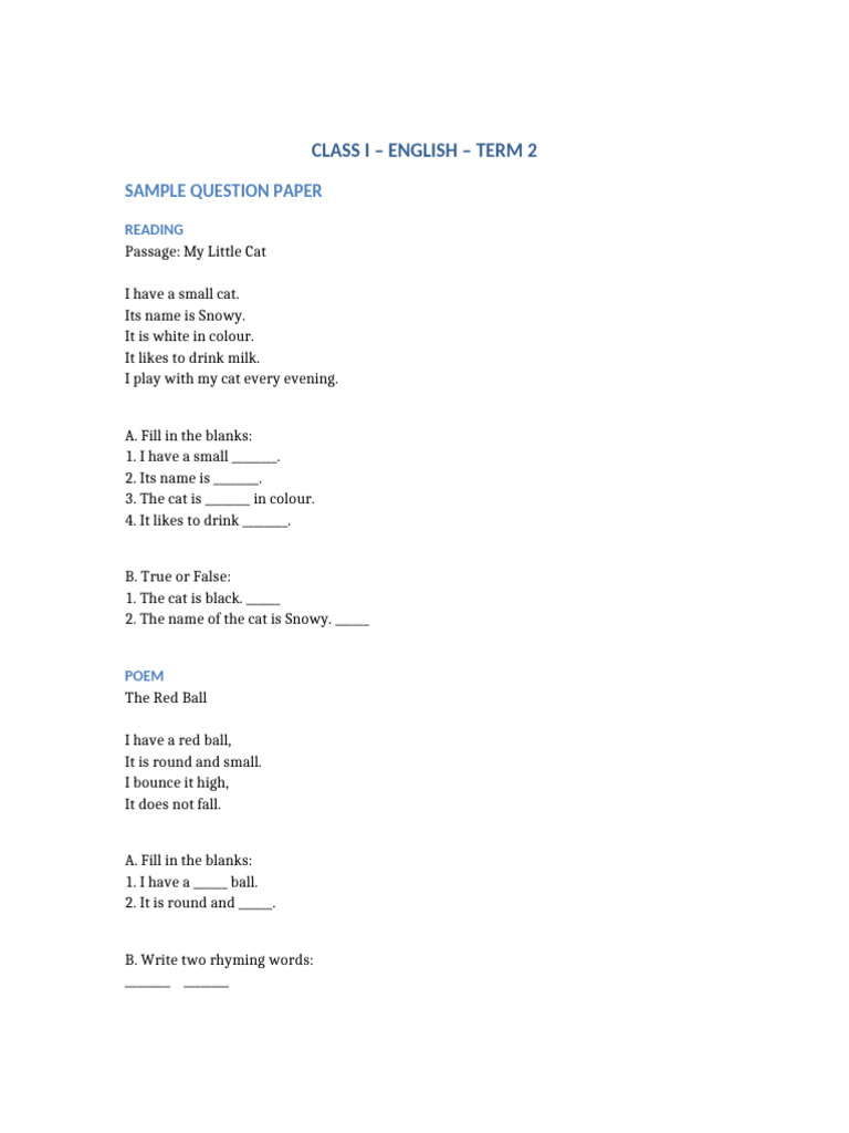 Class 1 English Term2 Sample Paper With Answers | PDF