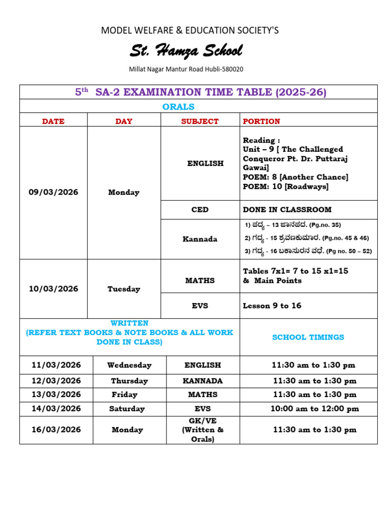 Shs 5th STD Sa-2 Portion & Time Table (2025-2026) | PDF