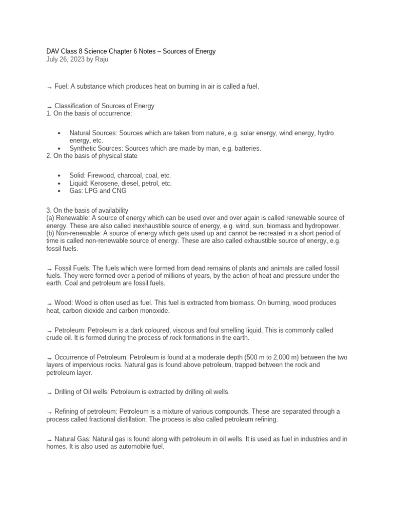 DAV Class 8 Science Chapter 6 Notes Source of Energy | PDF | Fuels | Coal