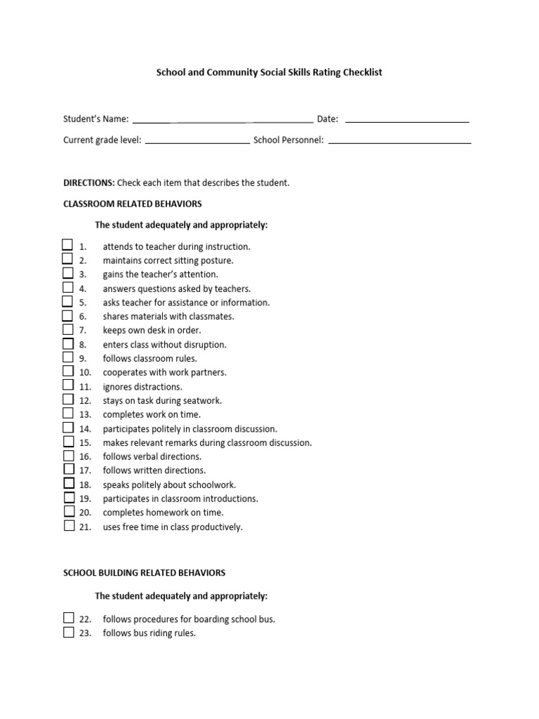 School and Community Social Skills Rating Checklist | PDF | Classroom ...