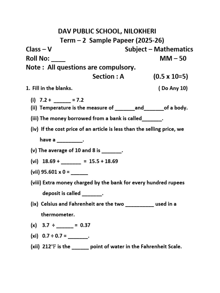 5th Sample Paper 2025-26 | PDF
