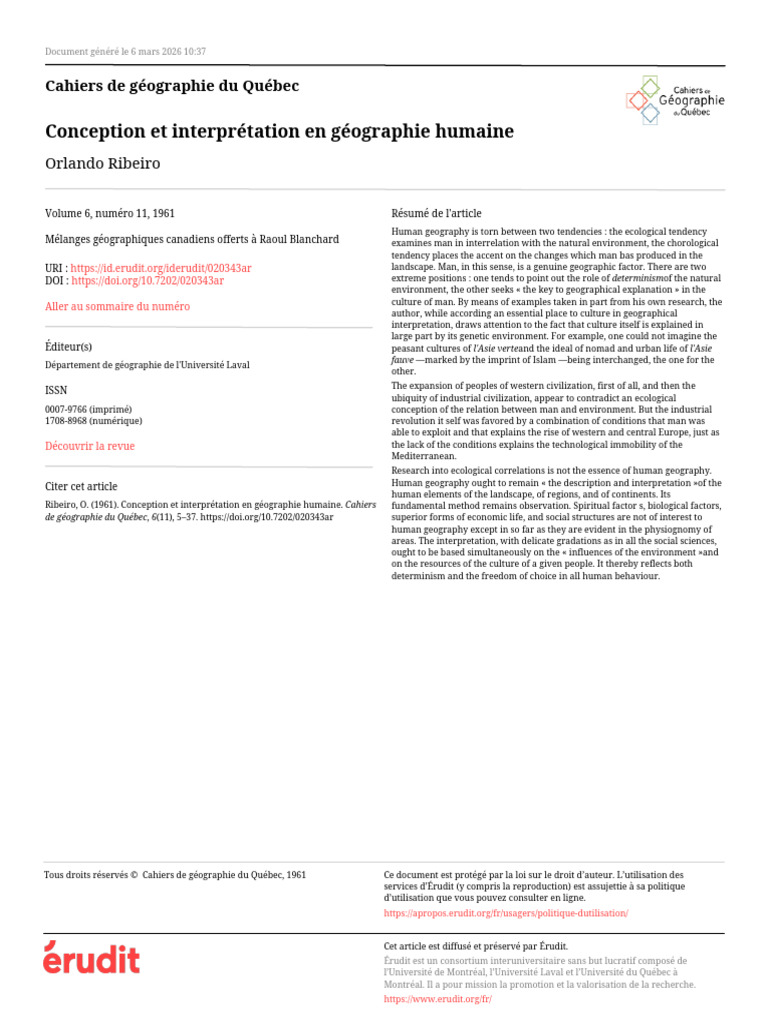 Conception Et Interprétation en Géographie Humaine: Orlando Ribeiro ...