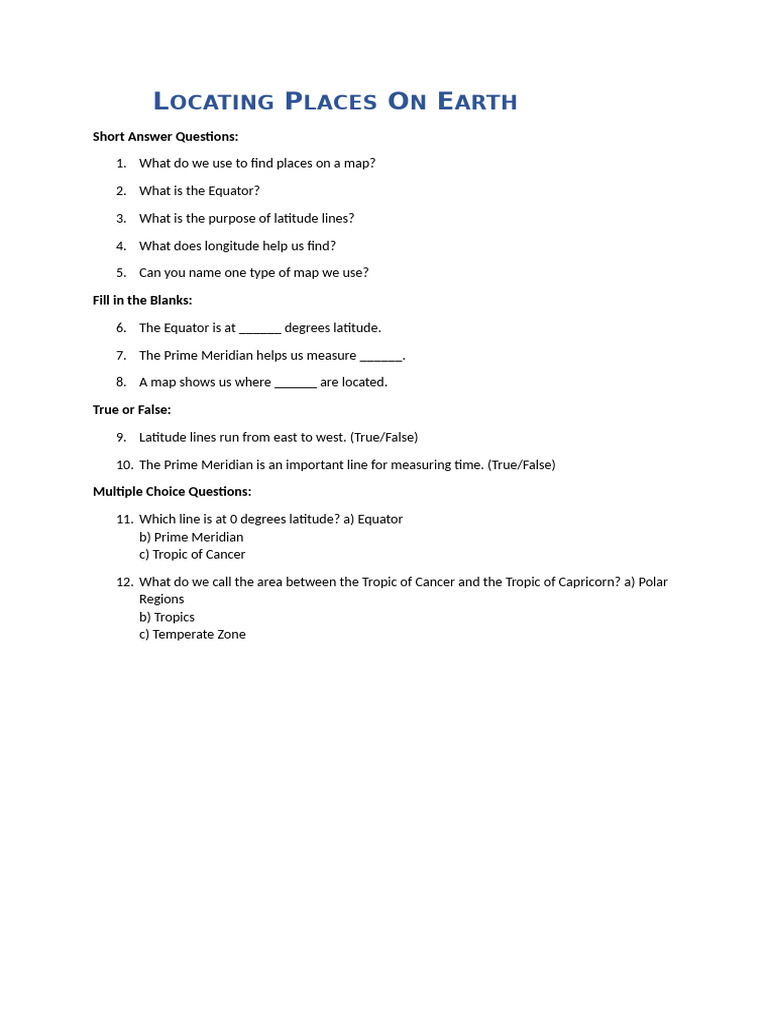 Locating Places On Earth Question Paper Pt-1 | PDF
