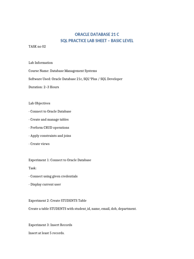 Oracle 21c SQL Lab Sheet | PDF