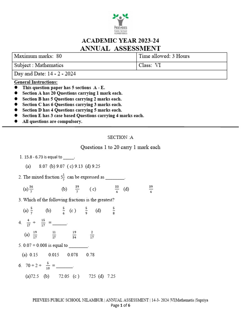 Annual Assessment Grade 6 Mathematics | PDF | Length | Mathematics