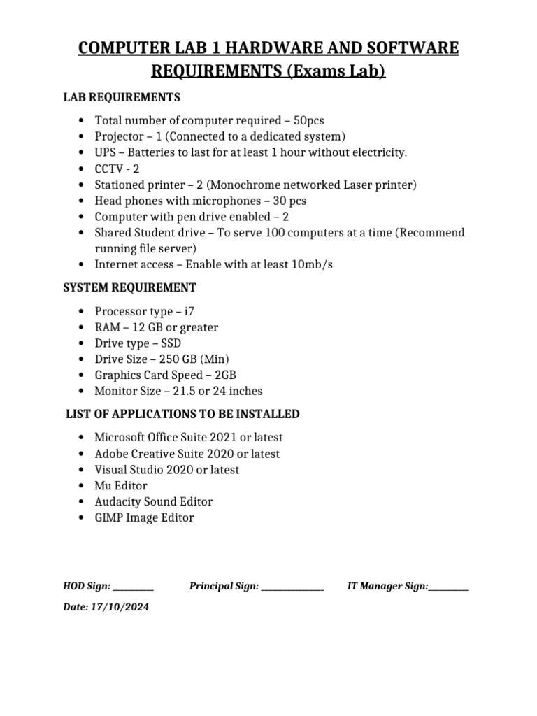 Computer Lab 1 Hardware and Software Requirements | PDF
