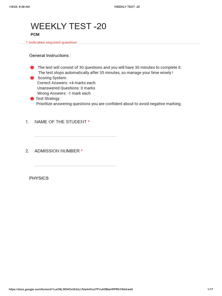 PLUS ONE WEEKLY TEST PCM - 20 - Google Forms | PDF | Physics | Physical ...