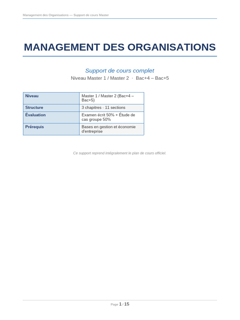 Cours Management Organisations Master | PDF | Partie prenante | Business