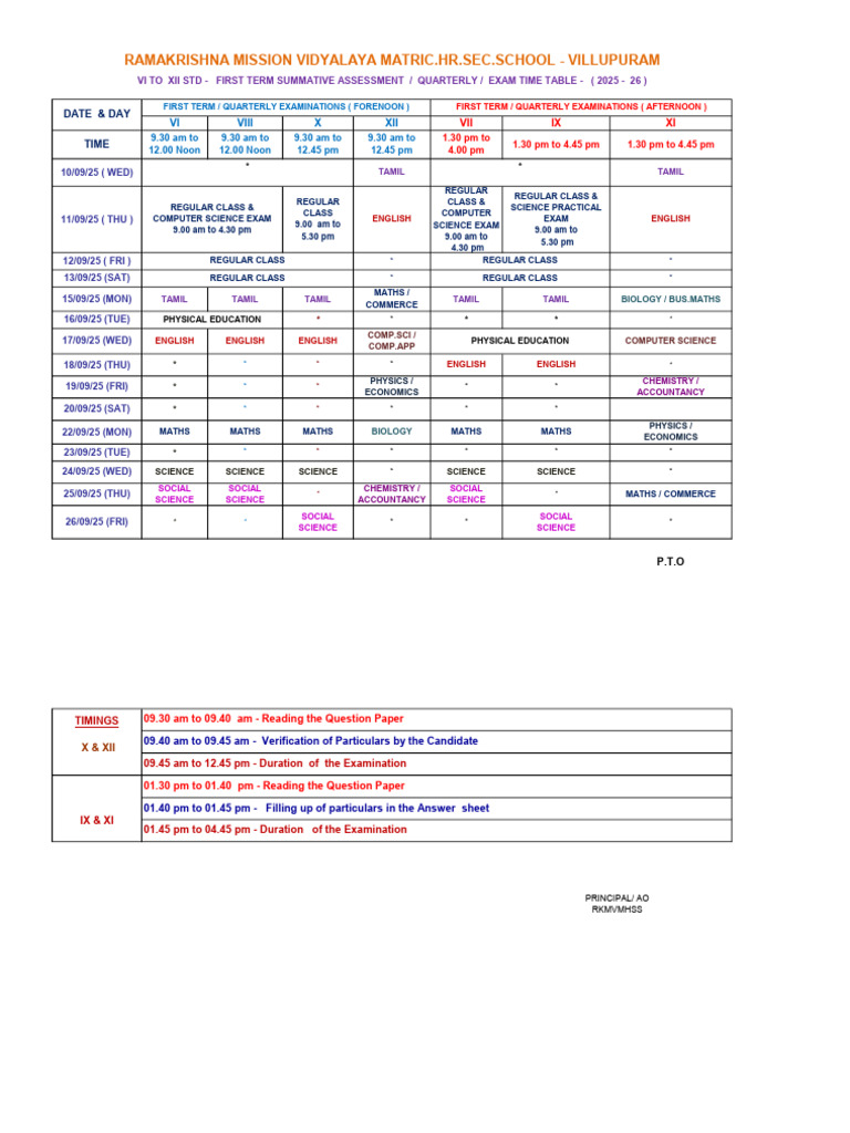 Vi To Xii STD - First Term - Quarterly Exam Time Table 2025 - 2026 ...