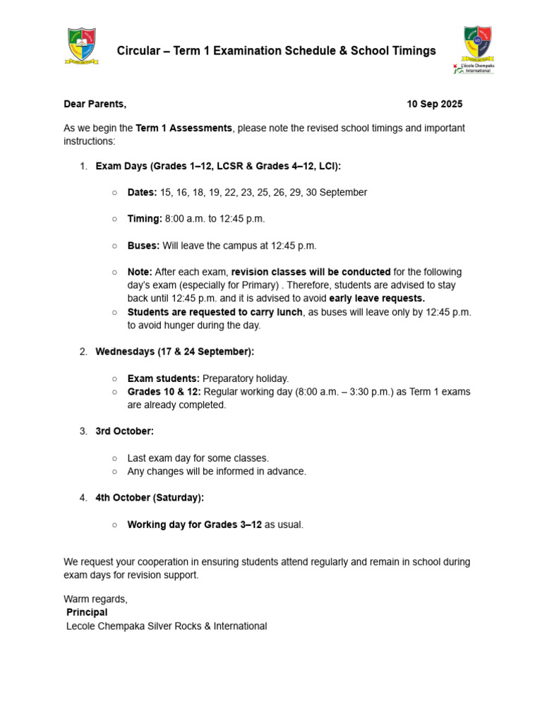 Circular - Term 1 Examination Schedule & School Timings | PDF