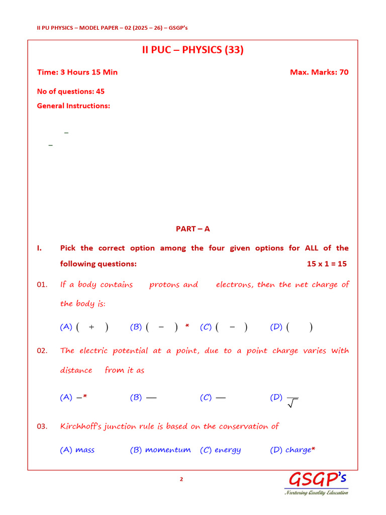 II Puc Phy - Model Paper 02 (Board) - (2025 - 26) | PDF | Rectifier ...
