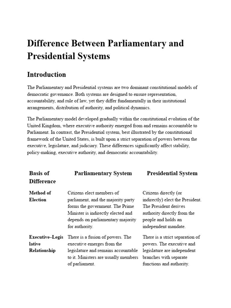 Difference Between Parliamentary and Presidential Systems | PDF ...