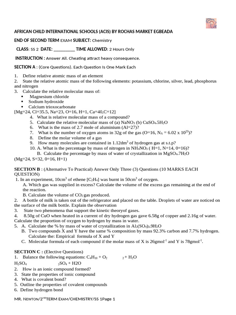 End of 2nd Term Exam Che Sss1 | PDF | Chemical Compounds | Chemical Bond