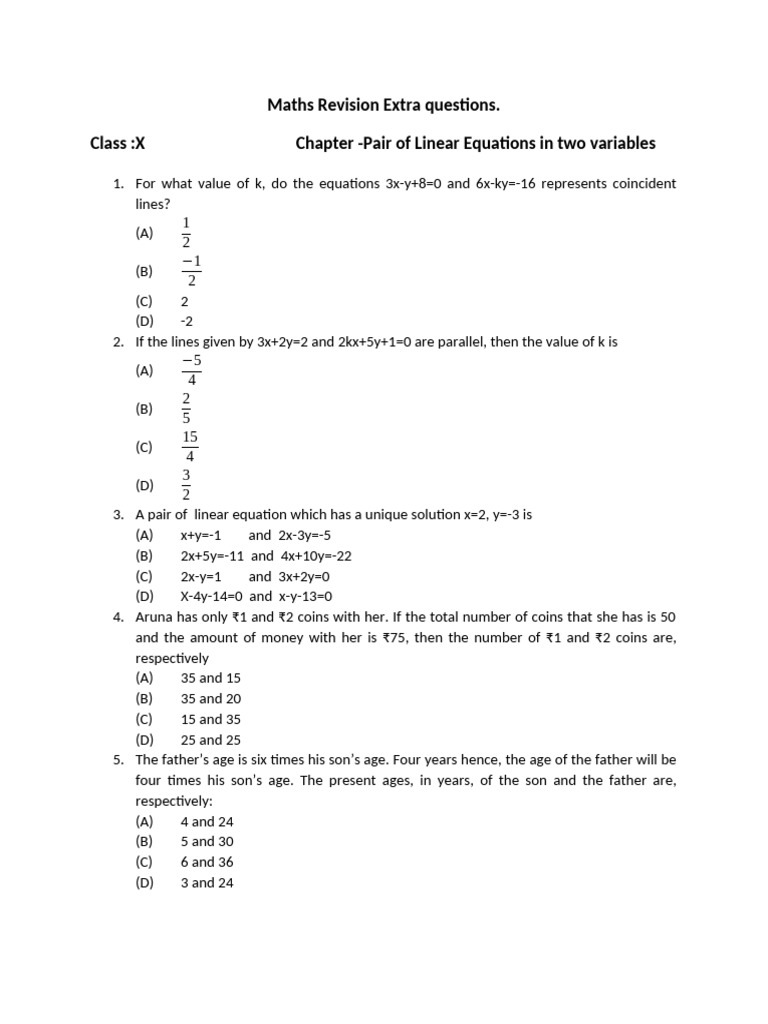 Maths Revision Extra Questions X -Pair of Linear Equations in Two ...