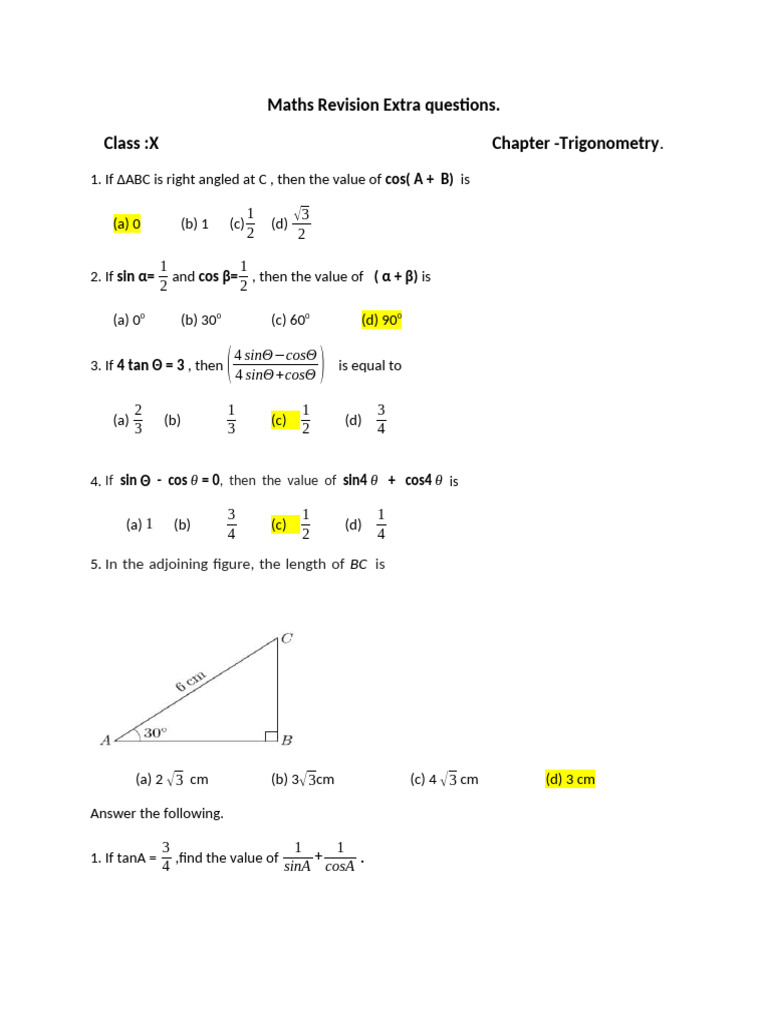 Maths Revision Questions.25-26 Trigonometry | PDF | Angle | Triangle ...