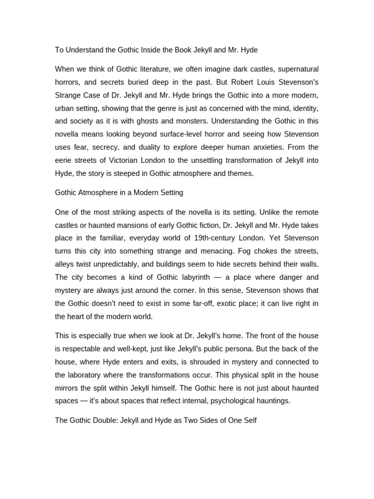 Jekyll Hyde Gothic Essay | PDF | Strange Case Of Dr Jekyll And Mr Hyde ...