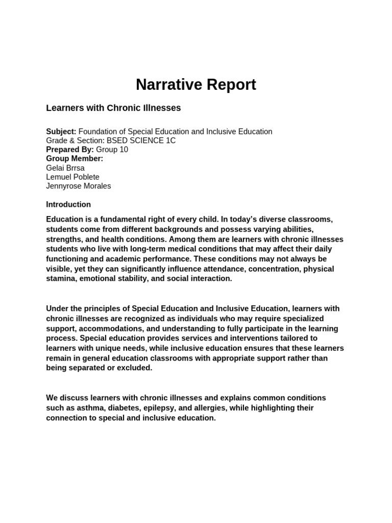 Narrative Report GROUP 10 | PDF | Inclusion (Education) | Special Education