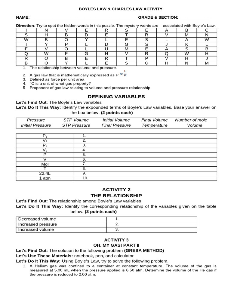 Boyles Lawcharles Law Activity | PDF | Gases | Temperature