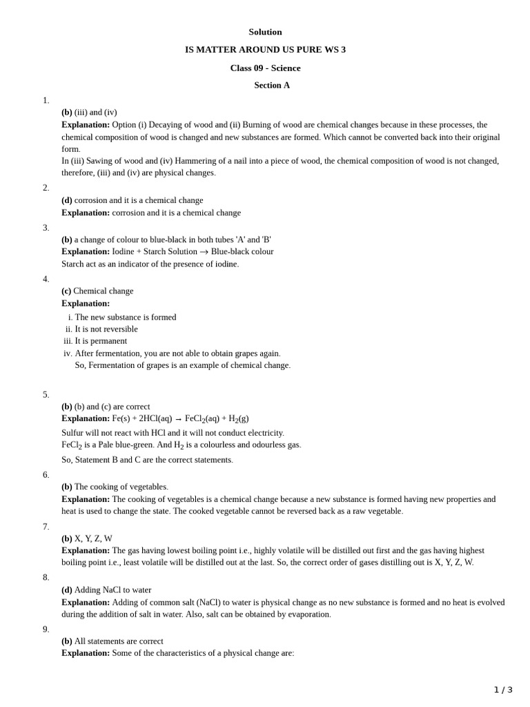 Is Matter Around Us Pure WS 3 Sol (Physical and Chemical Changes) | PDF ...