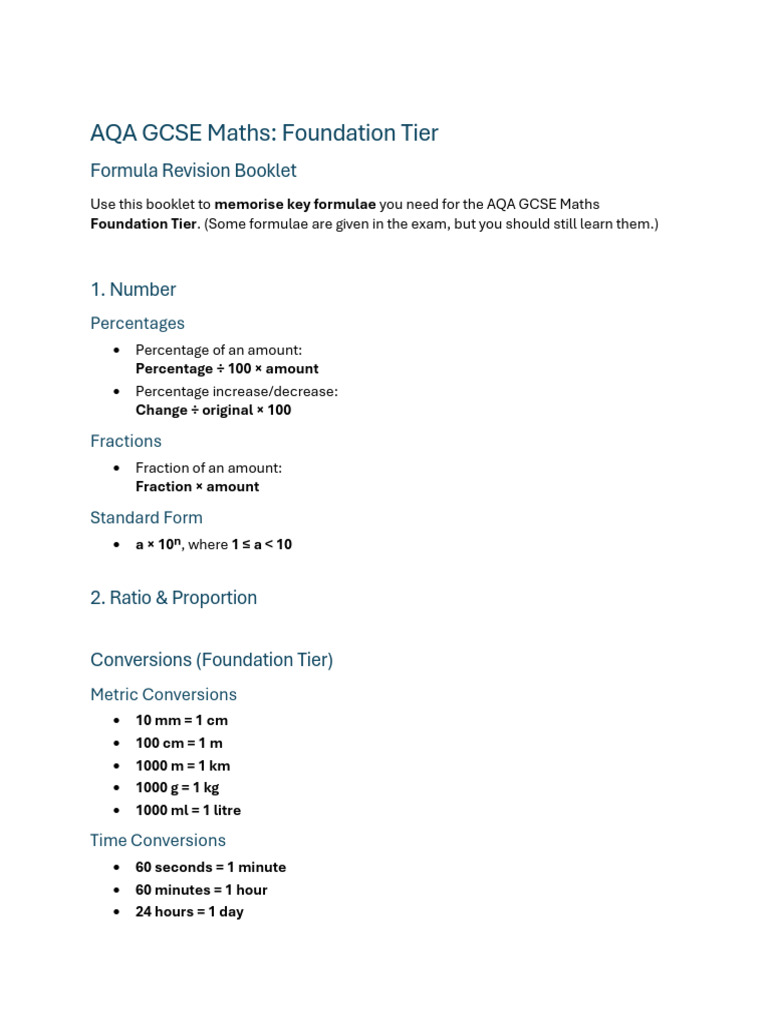 Aqa Gcse Maths Foundation - Formula Revision Booklet | PDF | Vocational ...