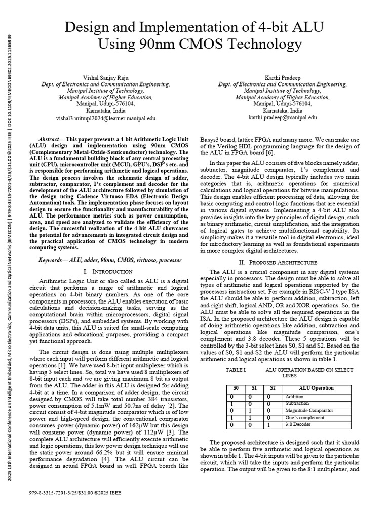 Design and Implementation of 4 Bit ALU Using 90nm CMOS Technology | PDF ...
